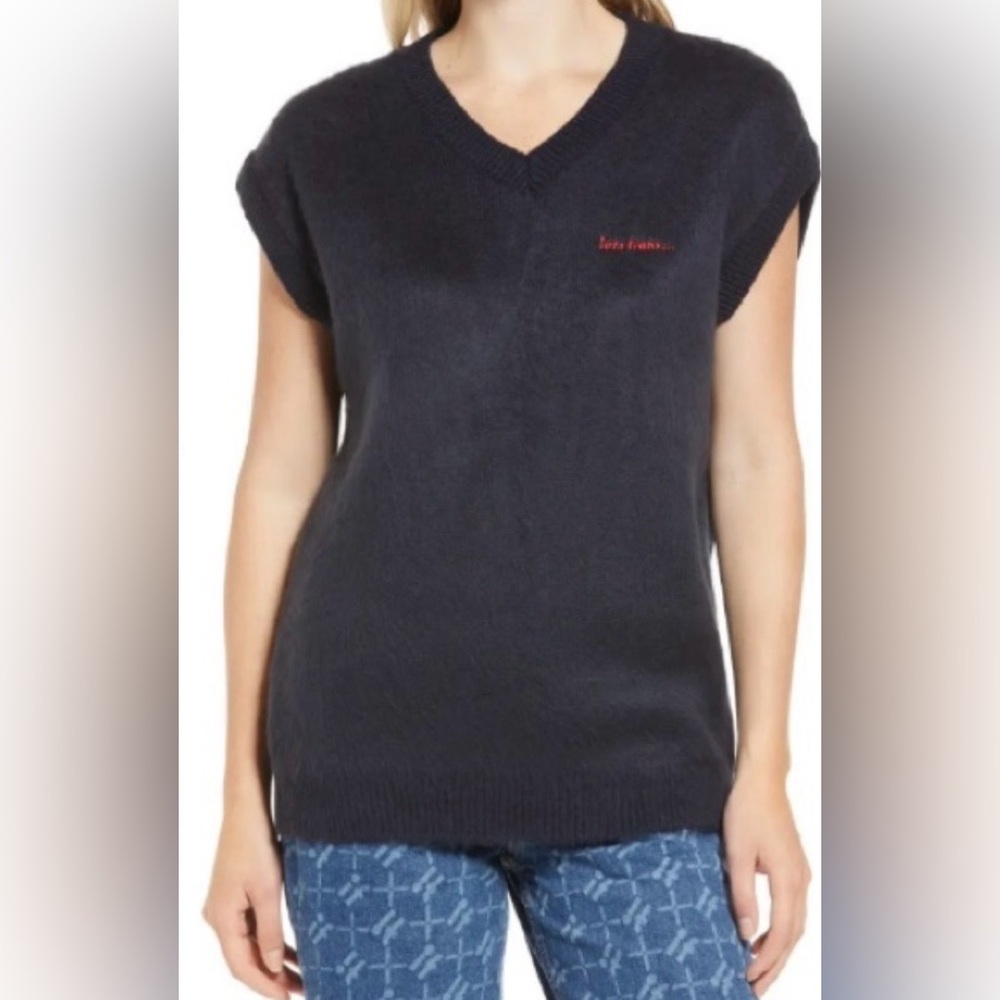 NWT iets frans Fluffy V-Neck Sweater Vest; Navy - Unisex Large